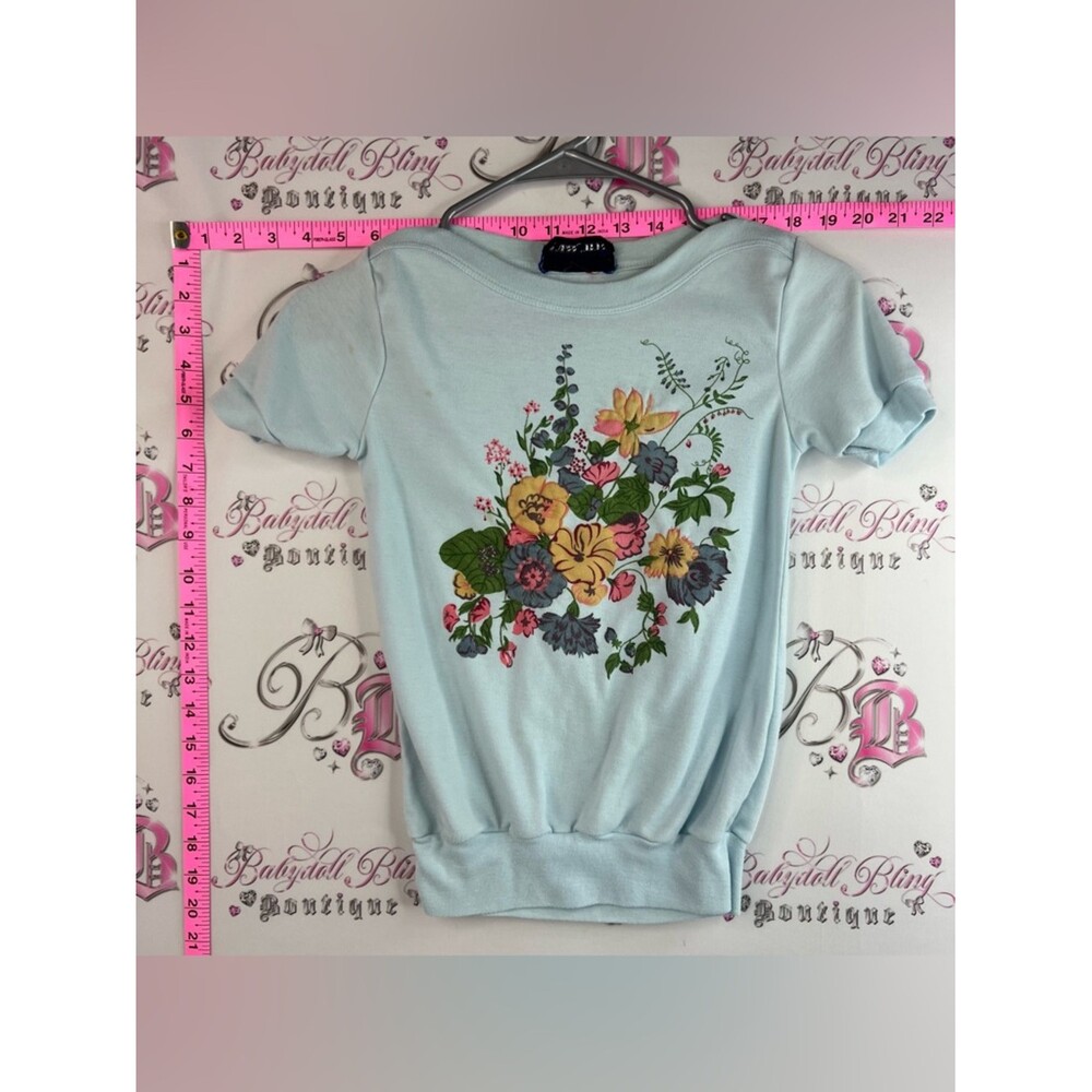 Cross roads shirt tee Light Blue Floral Short Sleeve Tee with Gathered Hem